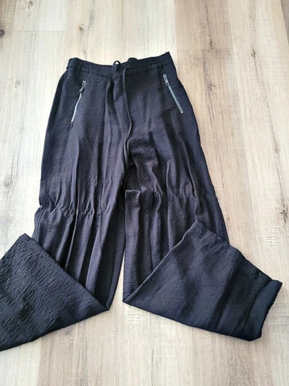 DKNY Crinkle High Waist Wide Leg Pants Black Medium